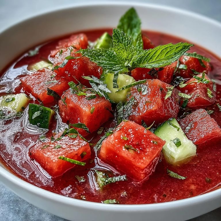 Refreshing chilled watermelon gazpacho featuring cucumber, mint, and lime juice, perfect for hot summer days and plant-based diets.