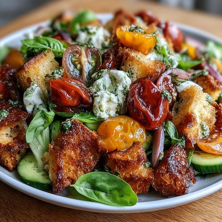 Golden sourdough croutons tossed with juicy heirloom tomatoes, red onion, and basil dressing create a fresh, colorful summer salad.