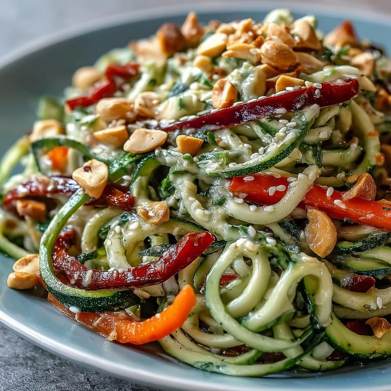 A vibrant, gluten-free Thai peanut zucchini noodle salad loaded with fresh herbs, crunchy toppings, and a zesty peanut dressing.