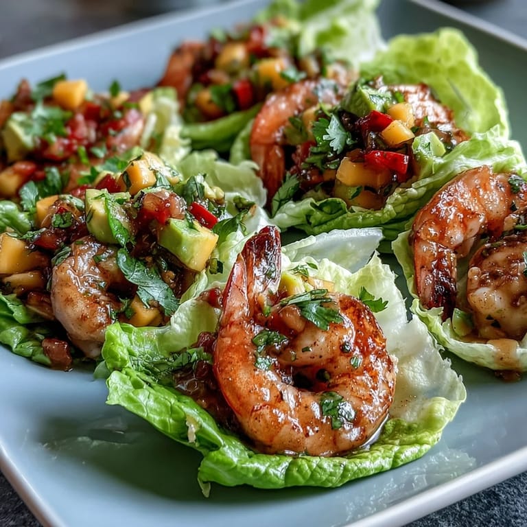 Fresh, zesty shrimp tacos in lettuce wraps, served with bright mango salsa and lime wedges for a light summer dinner.