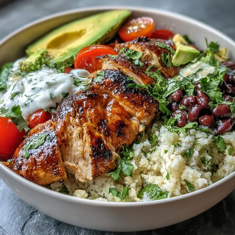 Zesty cilantro-lime cauliflower rice bowl layered with juicy chicken breast, black beans, cherry tomatoes, and creamy avocado slices.
