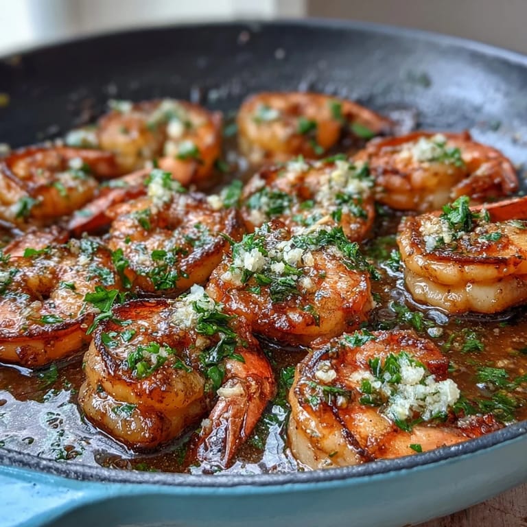 Aromatic garlic butter prawns cooked to perfection, served with lemon wedges for a bright and flavorful seafood delight.