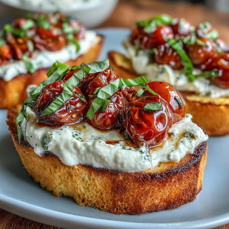Golden toasted baguette slices layered with luscious burrata and sweet roasted cherry tomatoes, finished with a basil garnish.