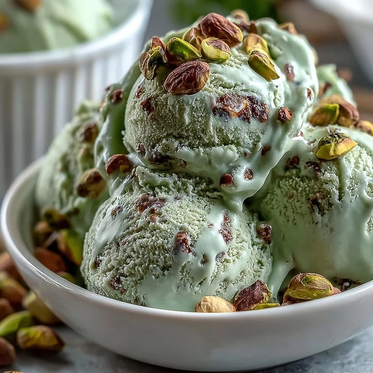 Luxurious Italian pistachio gelato served with chopped pistachios on top, showcasing rich nutty flavor and smooth consistency.  