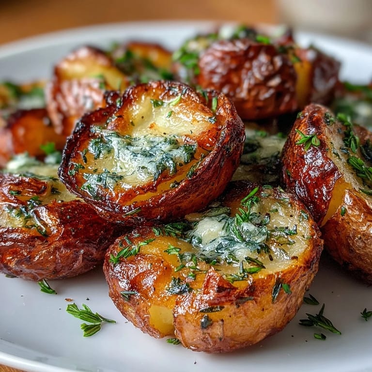 Golden baked smashed potatoes topped with melted butter, roasted garlic, and fresh parsley for a rich, savory side.