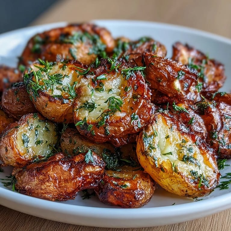 Herb-crusted smashed potatoes with a crispy golden finish, bursting with garlic flavor and drizzled with olive oil.