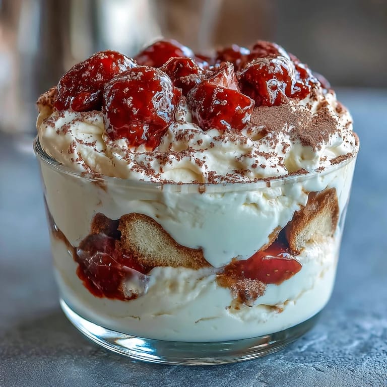 Indulgent individual strawberry tiramisu cups featuring fluffy mascarpone cream, juicy macerated strawberries, and coffee-dipped ladyfingers for a sweet treat.