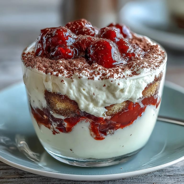 Decadent strawberry tiramisu cups with coffee-infused ladyfingers, creamy mascarpone filling, and fresh berries, garnished with cocoa and mint leaves.