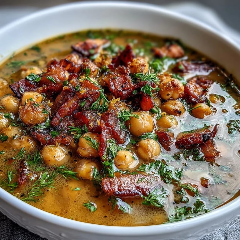 Comforting bowl of ham and chickpea soup, featuring vibrant carrots, celery, and a splash of lemon for brightness.