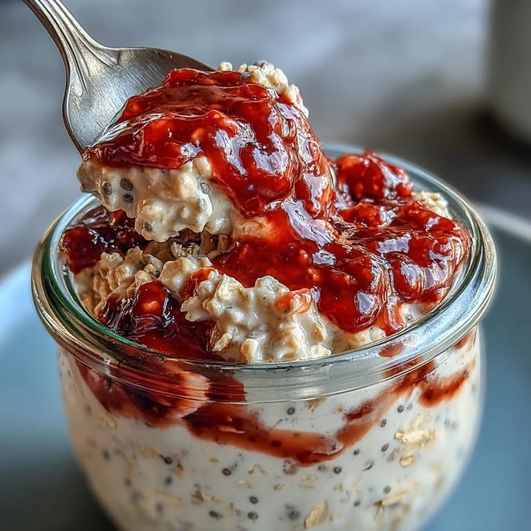 Layered strawberry chia jam and oats in a jar, offering a naturally sweet, make-ahead breakfast option.