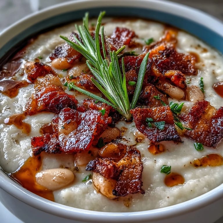 Rich and creamy white bean soup with bacon, rosemary, and a swirl of heavy cream for ultimate comfort.