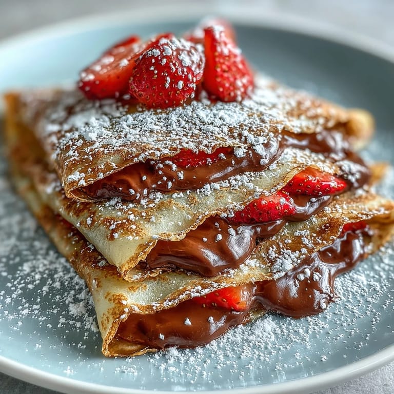 Fluffy, golden crêpes filled with velvety Nutella and juicy strawberries, ideal for a festive Galentine's gathering.  