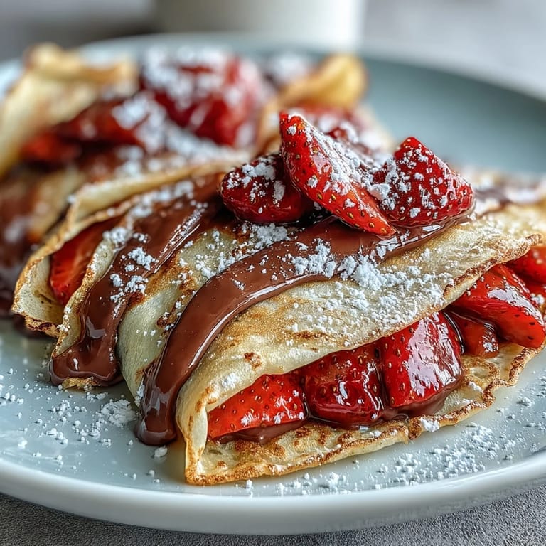 Crêpes stuffed with chocolate-hazelnut spread and ripe strawberries, elegantly plated for a Galentine's celebration brunch.
