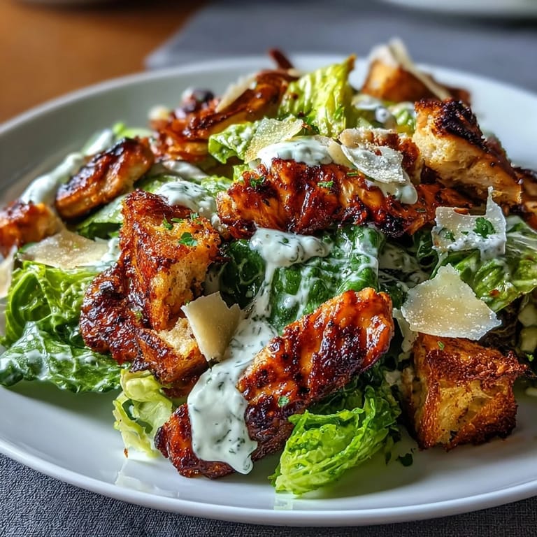 High-protein Grilled Chicken Caesar Salad with tangy Greek yogurt dressing, homemade sourdough croutons, and shaved Parmesan for a satisfying meal.
