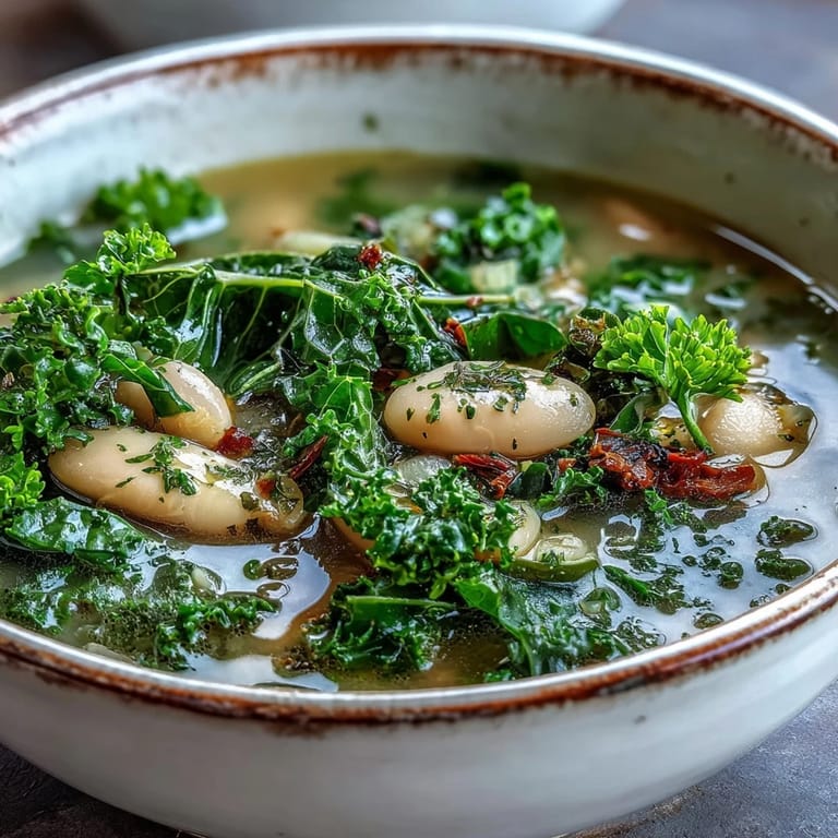 A close-up view of hearty white bean and kale soup, showcasing tender greens and aromatic garlic in savory broth.