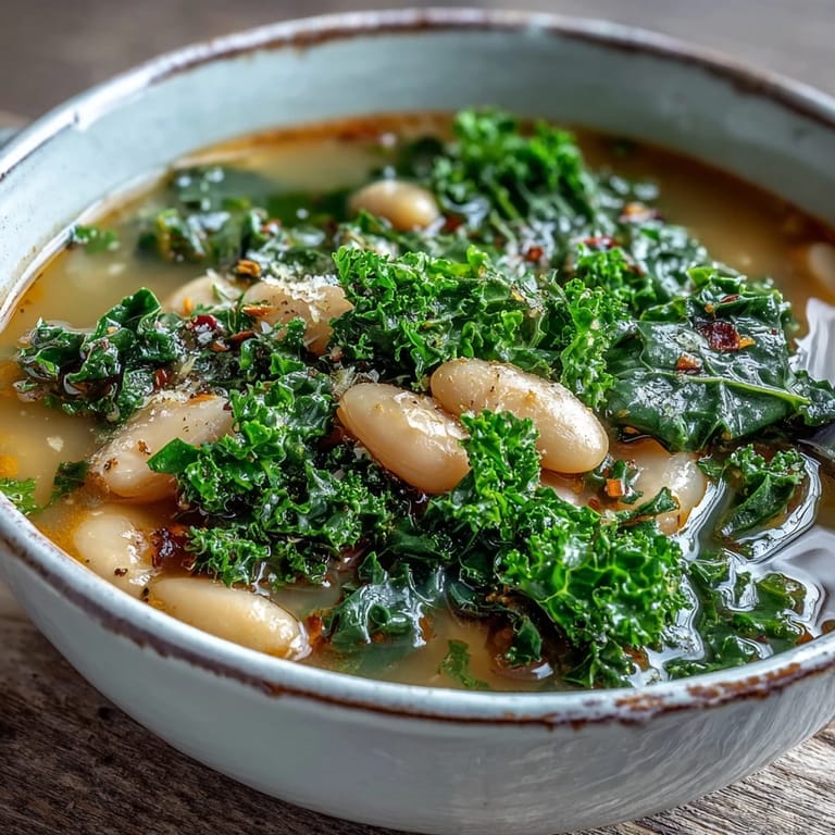 A rustic serving of kale and white bean soup with lemon and garlic, perfect for a nourishing, comforting meal.