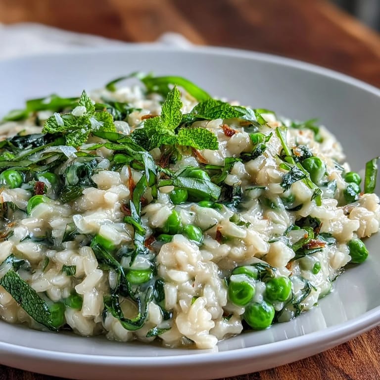 Parmesan risotto with spring peas and mint, served in a shallow bowl with a drizzle of olive oil and cracked pepper.