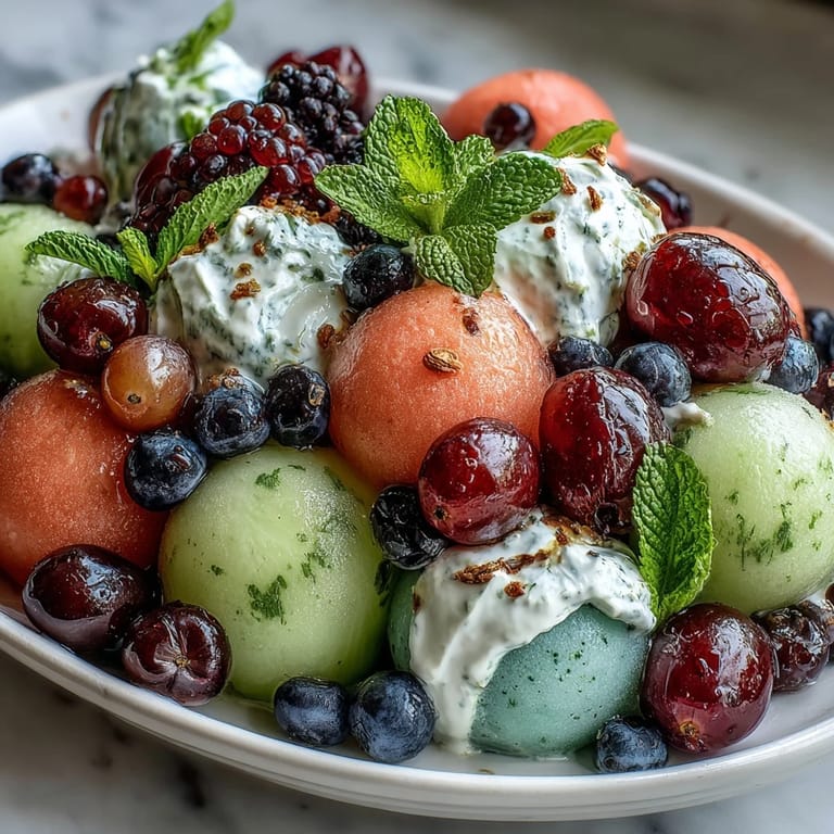 Refreshing melon fruit platter with berries and a luscious honey-lime yogurt dip, ideal for brunch or healthy snacking.