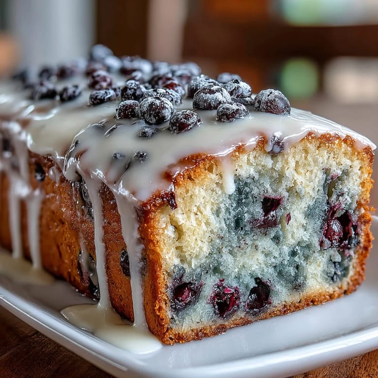 Golden lemon blueberry loaf with vibrant berries and a glossy glaze, perfect for festive dessert tables.