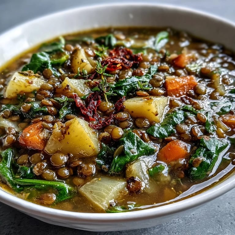 Fragrant Little Sprout Green Lentil Stew simmered with herbs, carrots, and potatoes, offering a nourishing and satisfying meal.