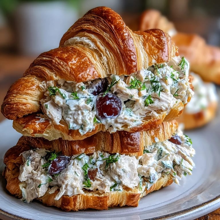 Golden croissants filled with tender chicken salad, crisp celery, and sweet red grapes, ideal for a sunny day picnic.