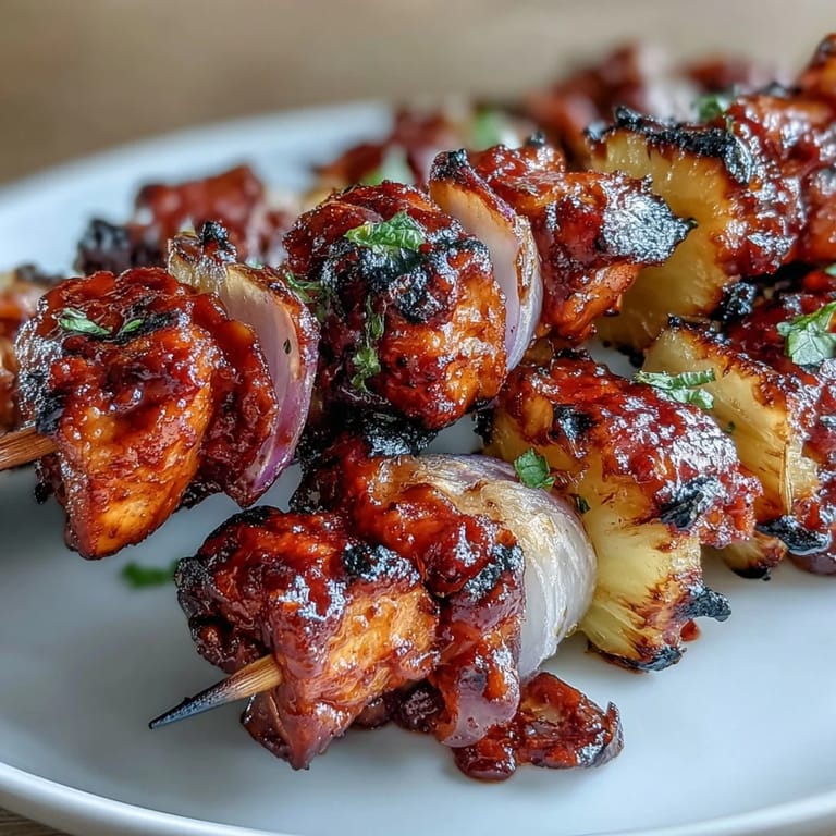 Colorful skewers of tender chicken, sweet pineapple, and red onion glazed with tangy BBQ sauce for a summer feast.