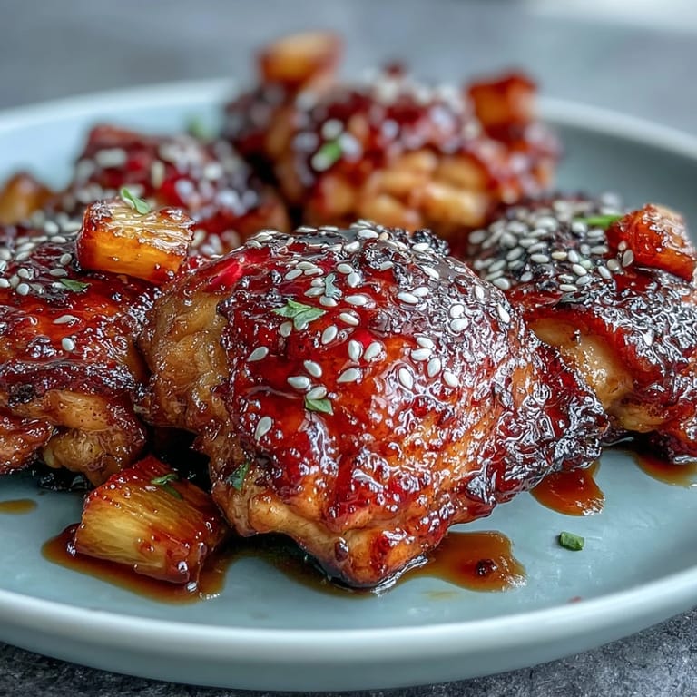 Tropical-inspired honey garlic chicken skillet with seared pineapple and crisp peppers, served in a glossy, sticky sauce.