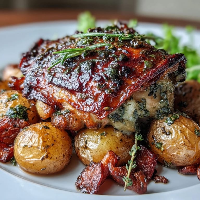 One-pan herb roasted chicken thighs with golden skin, nestled among baby potatoes and carrots, finished with fresh parsley and a squeeze of lemon.