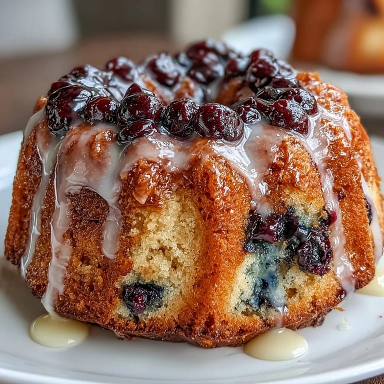 Golden mini bundt cakes bursting with blueberries and lemon flavor, drizzled with tangy citrus glaze for a sweet treat.