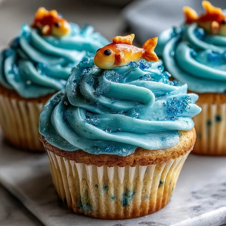 Charming cupcakes decorated with hand-sculpted fondant fish, swirled with ocean-blue frosting for a magical zodiac-themed dessert.
