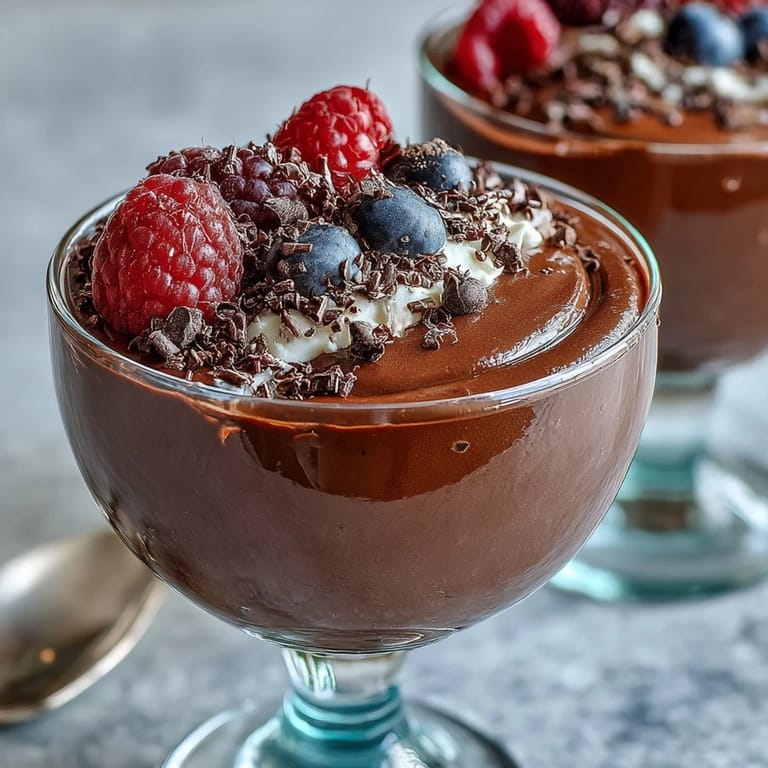 Rich, high-protein chocolate mousse with a hint of vanilla, served chilled in elegant dessert glasses.