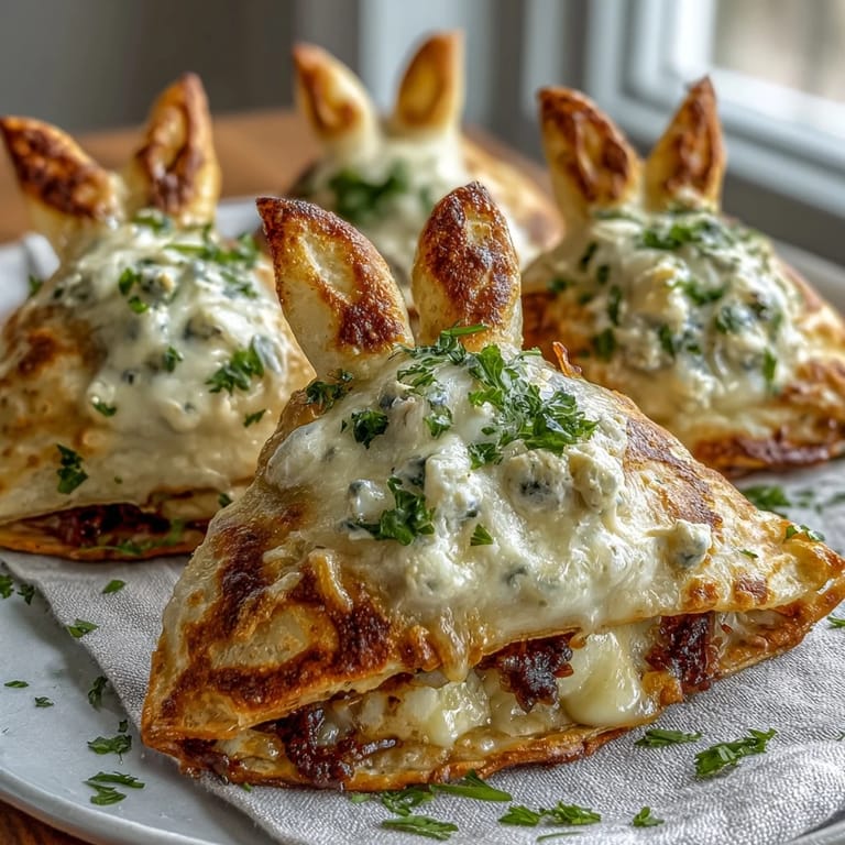 Golden-brown bunny quesadillas with gooey cheddar and mozzarella, decorated with olives and carrots for a festive touch.