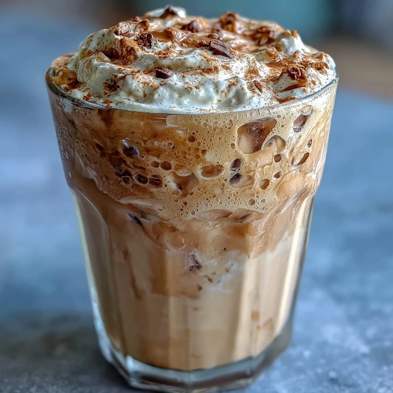 Velvety vanilla frappuccino-inspired protein shake topped with whipped cream and cinnamon for a deliciously indulgent snack.
