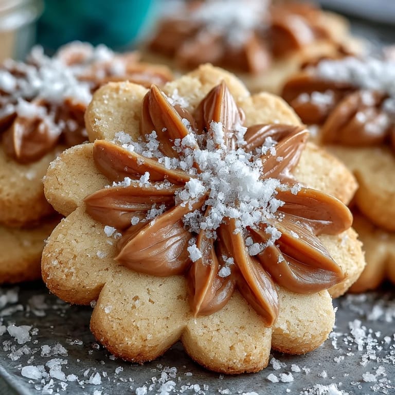 Buttery shortbread cookies in flower shapes, lightly dusted with powdered sugar, ideal for elegant dessert tables.