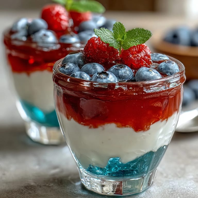 A close-up shot of the finished layered dessert cups topped with cream and fresh berries.