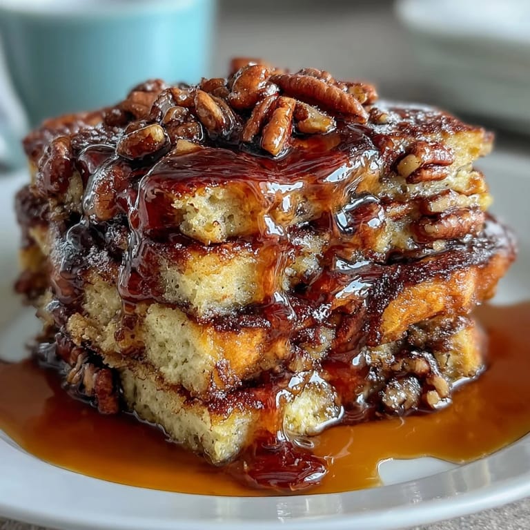 Slices of warm, baked pancake casserole drizzled with extra maple syrup, offering a comforting and satisfying brunch option for the family.