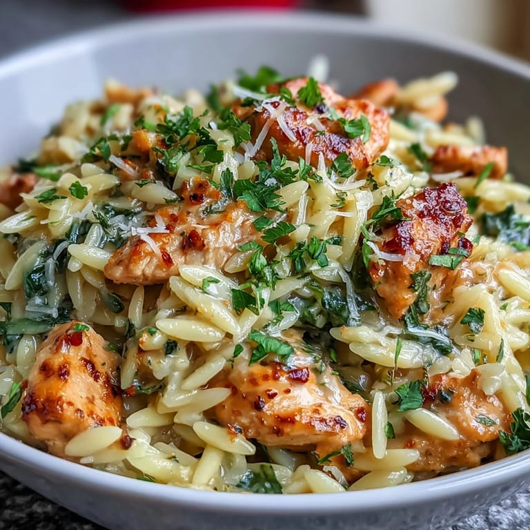 Hearty lemon orzo with golden chicken and baby spinach, simmered in savory broth and finished with Parmesan for a cozy dinner.