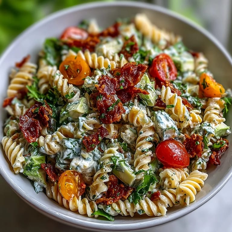Colorful BLT pasta salad with bacon, avocado, cherry tomatoes, and romaine lettuce, tossed in a zesty homemade dressing.