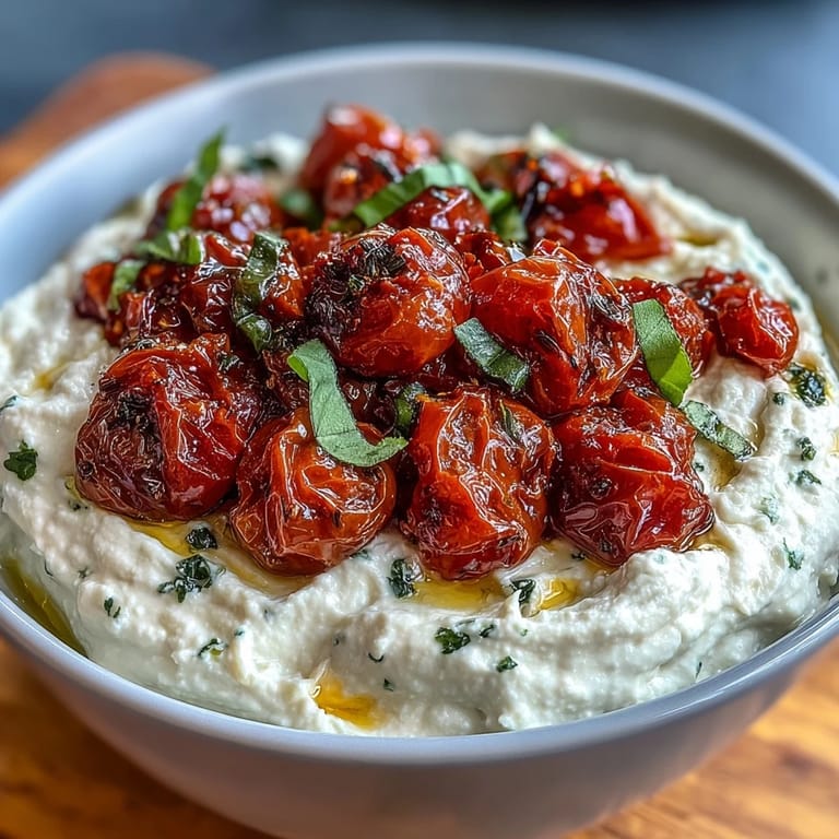 Tangy feta cheese blended smooth and topped with sweet, blistered cherry tomatoes and fresh basil leaves.