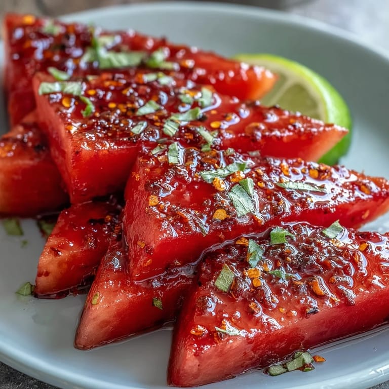 Vibrant watermelon wedges topped with tangy Tajin and a squeeze of fresh lime, offering a sweet and spicy treat for warm-weather gatherings.