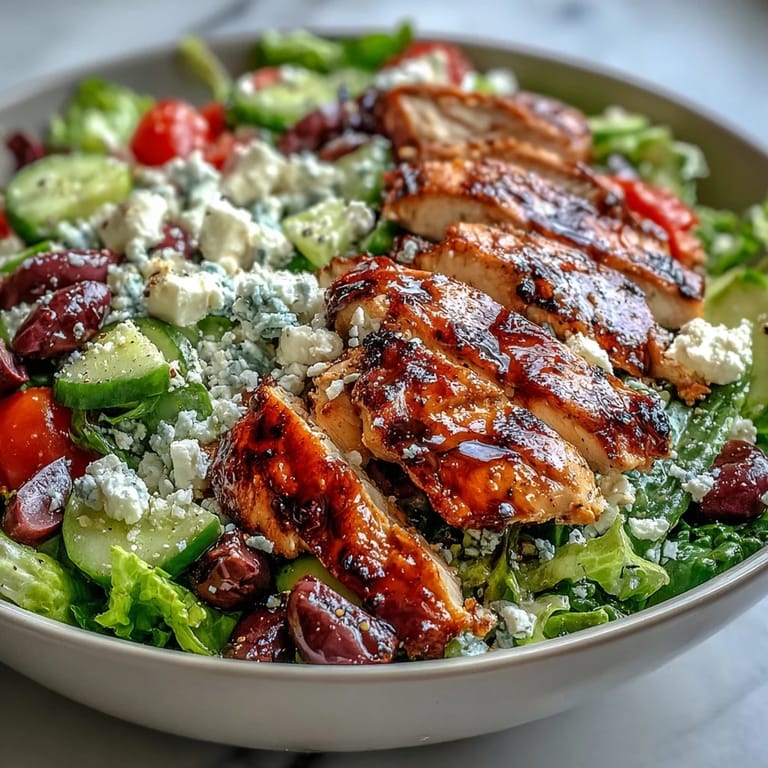 Colorful Greek salad bowl featuring grilled chicken, fresh greens, and a zesty lemon-olive oil dressing.