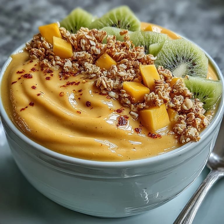 Creamy smoothie bowl blending sweet mango, tangy lime, and spicy chili, garnished with tropical fruit and crunchy granola.  