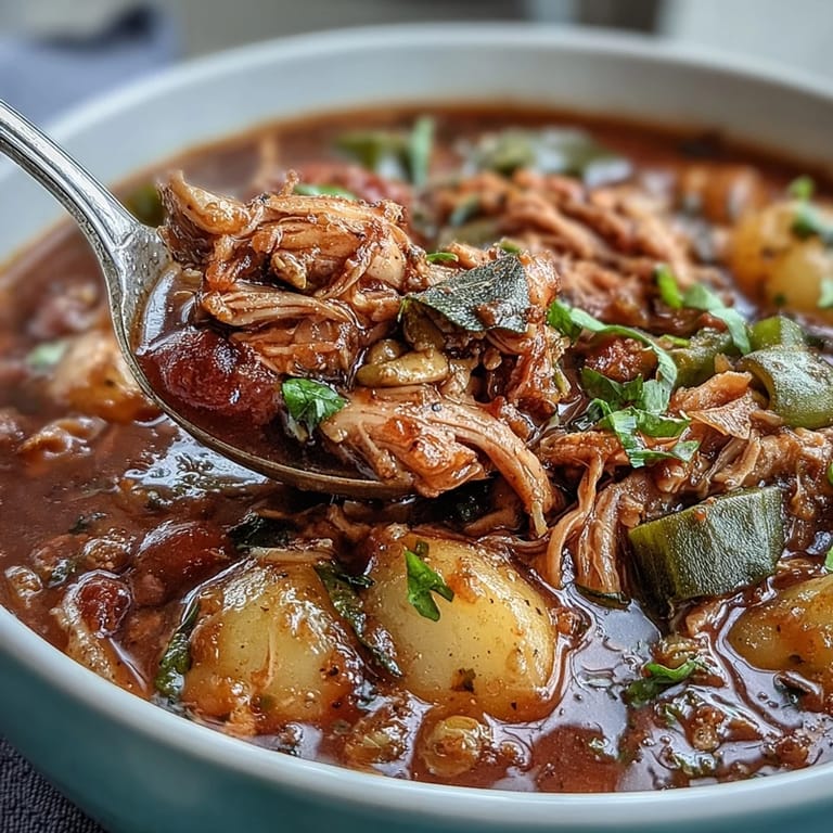 Classic Kentucky Derby Burgoo Stew featuring slow-cooked meats, fresh vegetables, and smoky spices in a rich tomato base.