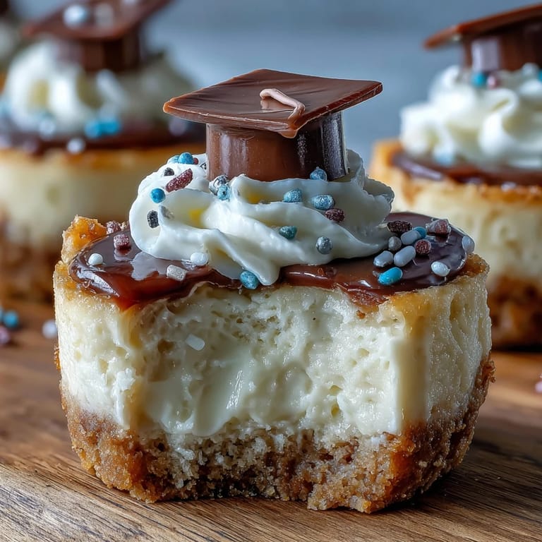 Bite-sized creamy cheesecakes garnished with fresh berries and mini chocolate graduation caps, offering a rich and festive treat for any celebration.