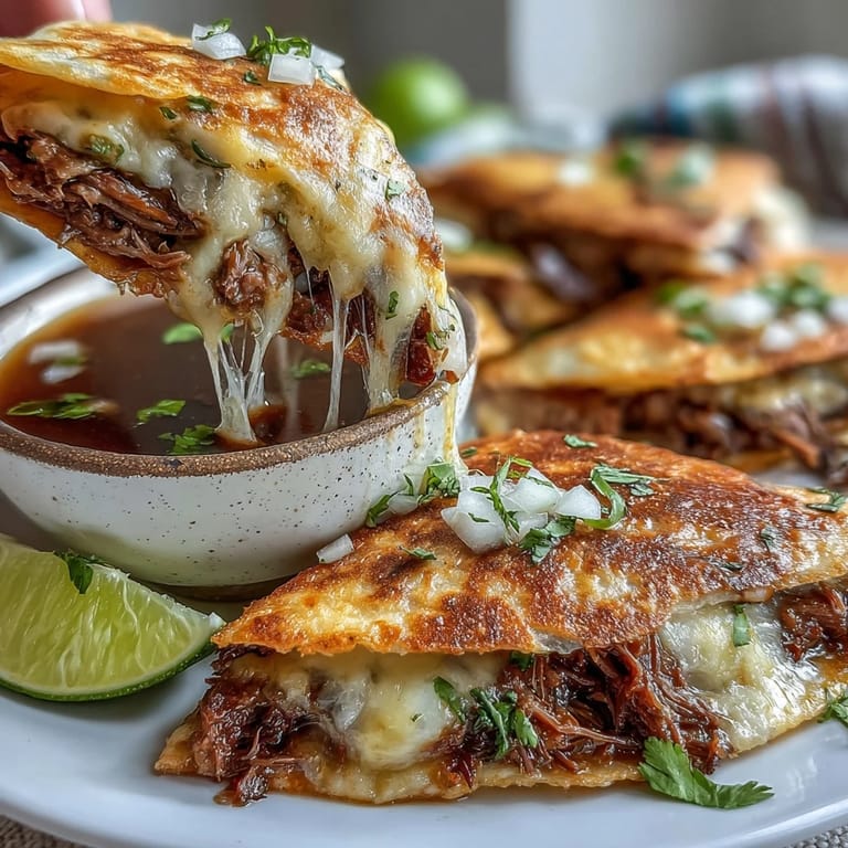 Melted Oaxaca cheese and slow-braised beef birria fill golden tortillas, paired with a fragrant consommé for dipping at your fiesta.