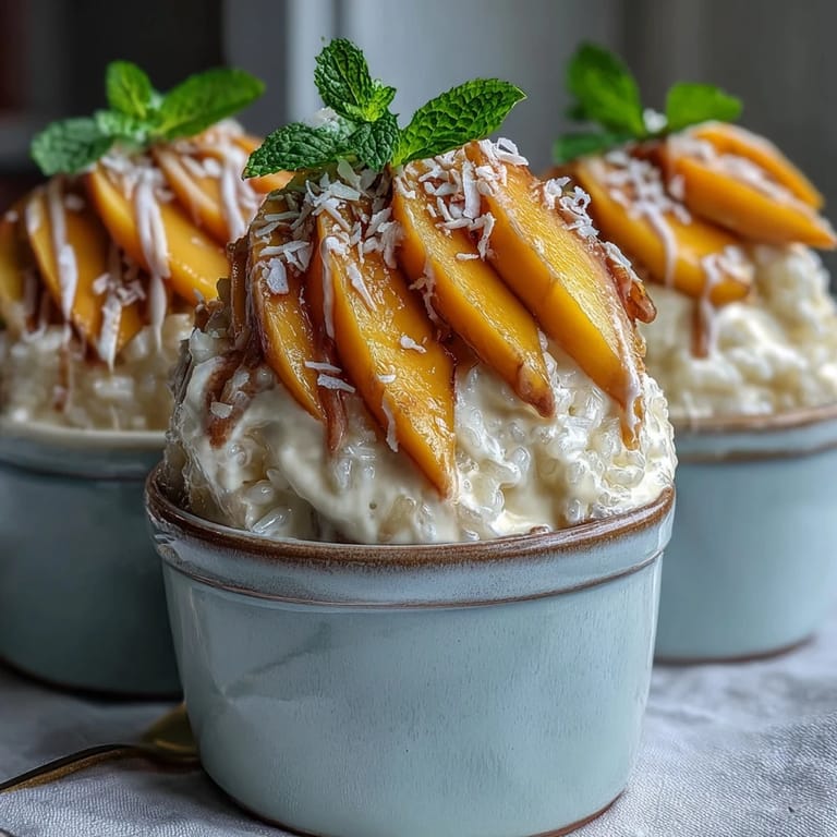 Creamy Coconut Sticky Rice Cups Topped with Ripe Mango and Toasted Sesame Seeds  