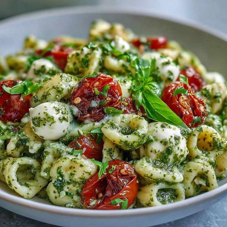 Juicy cherry tomatoes and mozzarella pearls top this fresh Caprese Pasta Salad with pesto.