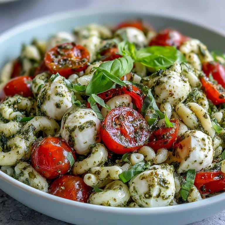 A perfect summer dish: Caprese Pasta Salad featuring pesto, basil, and fresh mozzarella pearls.