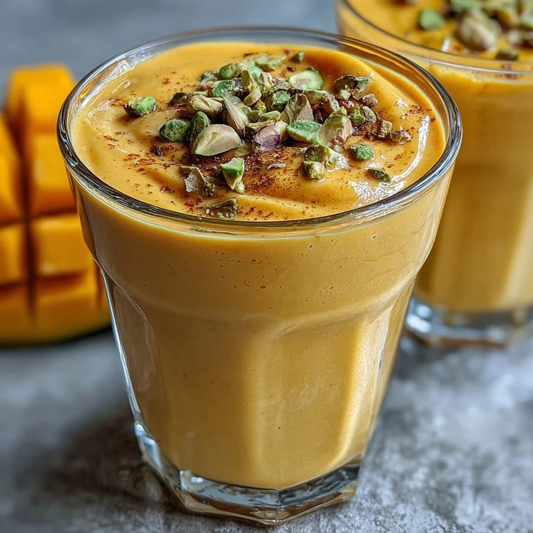 Vibrant, thick Mango Lassi Smoothie with a hint of cardamom spice.