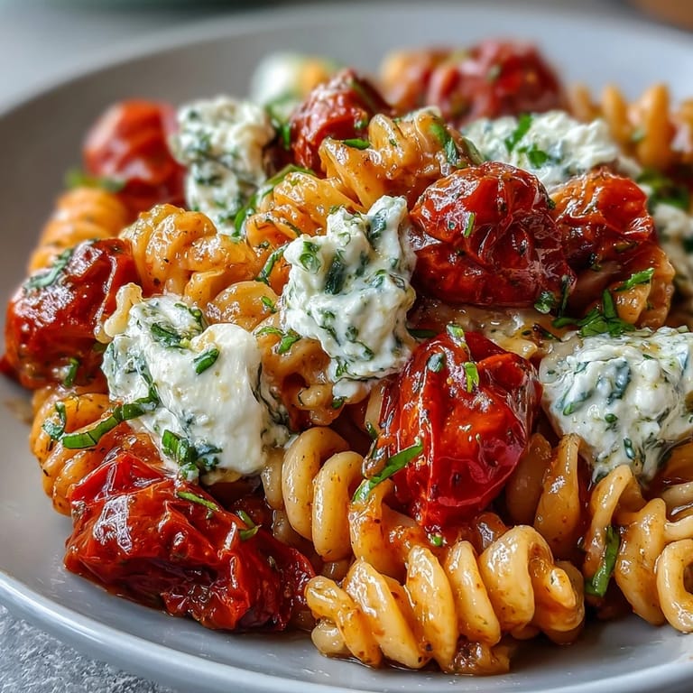 Creamy burrata tops this colorful Summer Caprese Pasta with basil.